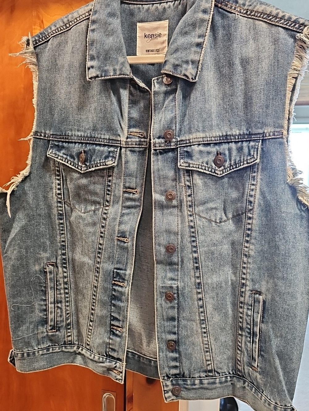 kensie Light Blue Distressed Sleeveless Denim Vest
